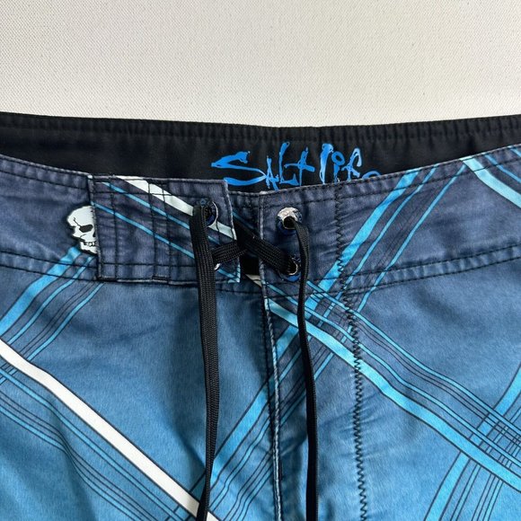 SALT LIFE Board Shorts Mens Size 36 Blue Black Stretch Beach Trunks Zip Pocket - Picture 7 of 8